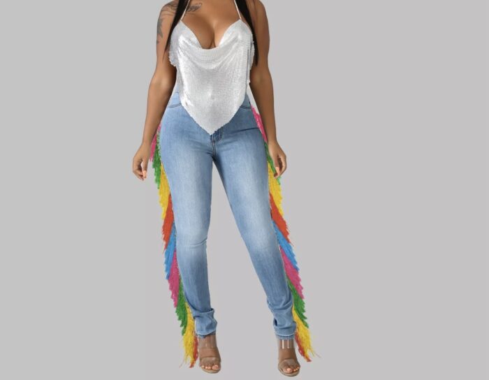 Rainbow Tassel Fringe Bottom Jeans | Taugempie Brand